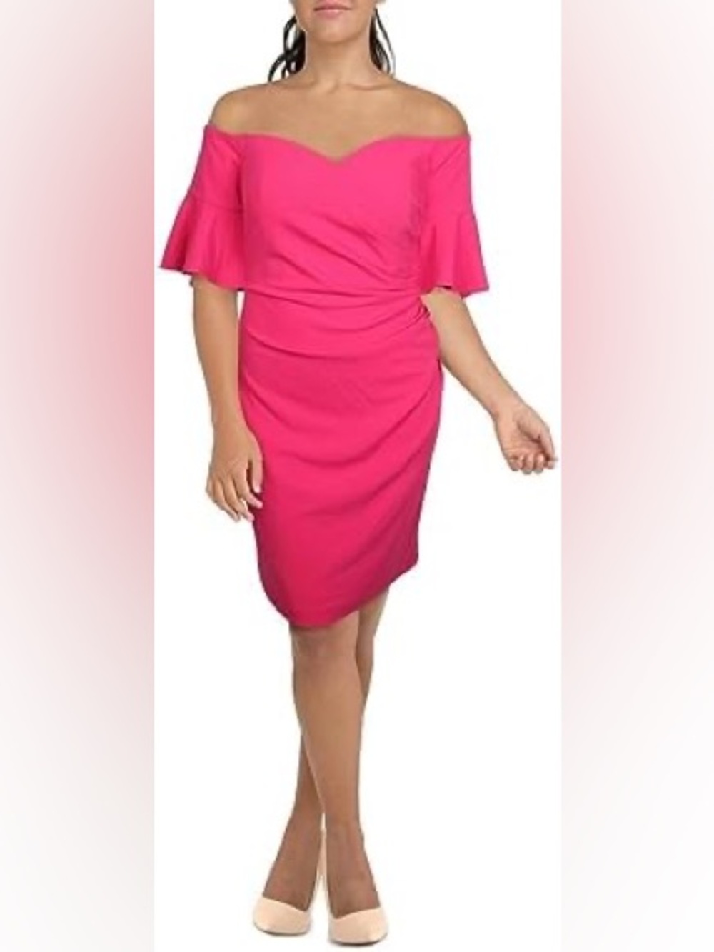 Calvin Klein — Off Shoulder, Sweetheart Neck, Bell Sleeve, Ruched— Size 8 — Pink